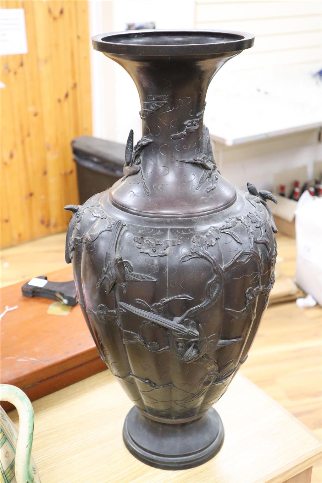 A large Japanese bronze vase, Meiji period, signed, 61cm